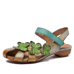 Socofy Handmade Leather Butterfly Closed Toe Low Heel Sandals