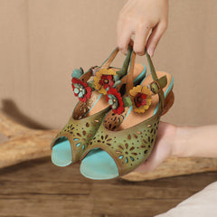 Socofy Retro Handmade Leather Floral Cutout Peep Toe Mid Heel Sandals