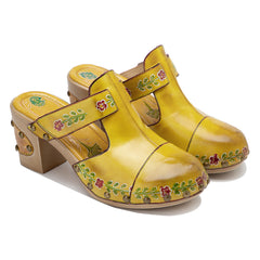 Socofy Spring and summer new spot genuine leather retro floral Baotou comfortable thick heel clogs and sandals