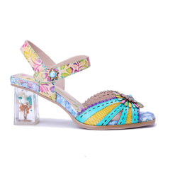 Socofy Handmade Leather Baroque Flower High Heel Sandals