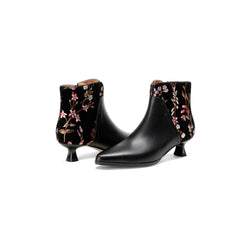 Socofy Handmade Floral Leather Ethnic Mid Heel Boots