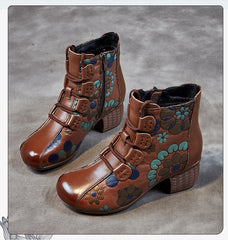 Socofy Top Grain Leather Chunky Heel Short Boots