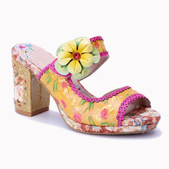 Socofy Summer Handmade Leather Floral High Heel Sandals