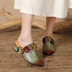 Socofy Retro Design Handcrafted Leather Low Heel Open Toe Slipper