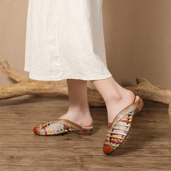 Socofy Summer Breeze Retro Handmade Leather Low Heel Closed Toe Slippers