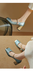 Socofy Square Toe Open Back Mid Heel Shoes