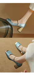 Socofy Square Toe Open Back Mid Heel Shoes
