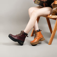 Socofy Retro Leather Thick Sole Mid Heel Martin Boots
