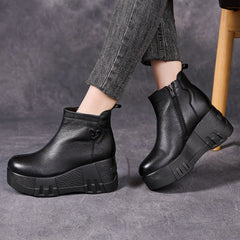Socofy Top Grain Leather Retro Platform Short Boots
