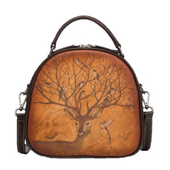 Socofy Full Grain Leather Handmade Deer Print Shell Bag