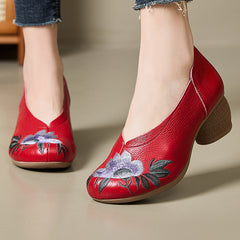 Socofy Leather Embroidered Purple Bloom Mid Heel Shoes