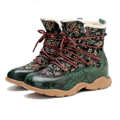 Socofy Handmade Printed Leather Short Boots