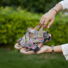 Socofy Bohemian retro first-layer cowhide flower-embellished women's sandals