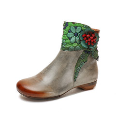 Socofy Handmade Leather Floral Round Toe Low Heel Boots