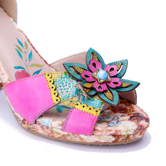 Socofy Summer Leather Flower High Heel Sandals