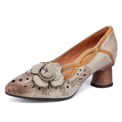 Socofy Handmade Leather Pointed Toe Chunky Heel Floral Cutout Sandals