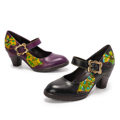 Socofy Vintage Cowhide Handmade Mid Heels