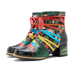 Socofy Printed Patchwork Leather Short Boots