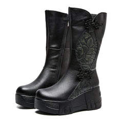 Socofy Top Grain Leather Winter Retro Floral Chunky Sole Mid Boots