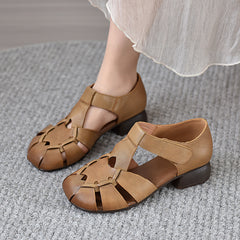 Socofy Vicconfy 2025 Summer Genuine Leather Middle Heel Soft Sole Comfortable Hollow Out Casual Vintage Roman Sandals