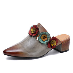 Socofy Retro Design Handcrafted Leather Low Heel Open Toe Slipper