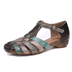 Socofy Vintage Woven Soft Leather National Style Sandals