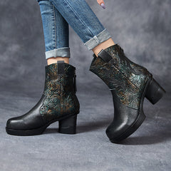 Socofy Full Grain Leather High Heel Short Boots