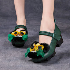 Socofy Retro Ethnic Top Grain Cowhide Chunky Heel Shoes