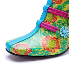 Socofy Handmade Leather Retro Floral Chunky Heel Boots