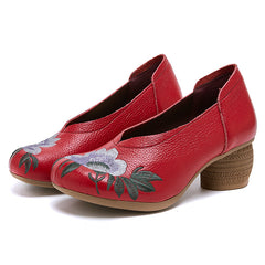 Socofy Leather Embroidered Purple Bloom Mid Heel Shoes