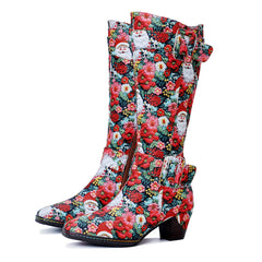 Chrismas Exclusive|Socofy Vicconfy Vintage Print Casual Chunky Heel Comfort High Boots