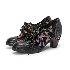 Socofy British Style Butterfly Print Heels