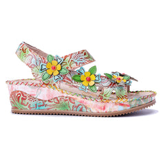 Socofy Handmade Leather Retro Floral Sandals