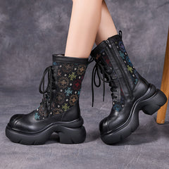Socofy Full Grain Leather Retro Floral Thick Sole Short Boots