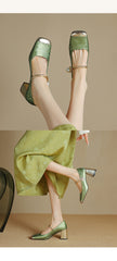 Socofy Square Toe Open Back Mid Heel Shoes