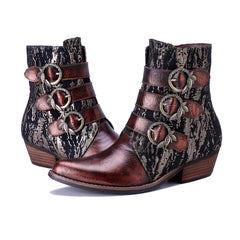 Socofy Handmade Leather Vintage Denim Side Zipper Boots