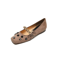 Socofy Chinese Style Square Toe Flower Metal Chain Low Heel Shoes