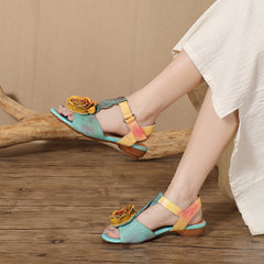 Socofy Vintage Handmade Leather Floral Cutout Peep Toe Low Heel Sandals
