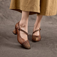 Socofy Handcrafted Retro Leather Pointed Toe Mid Heel Shoes