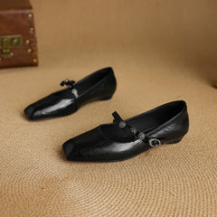 Socofy Spring Autumn Square Toe Leather Flat Heel Shoes
