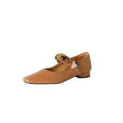 Socofy Fall New Square Toe Sheepskin Mid Heel Flats