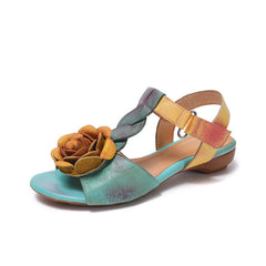 Socofy Vintage Handmade Leather Floral Cutout Peep Toe Low Heel Sandals