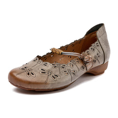 Socofy Handcrafted Leather Round Toe Vintage Low Heel Flats