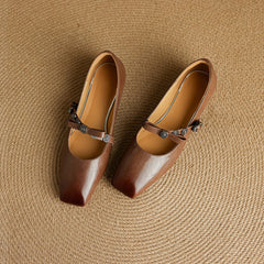 Socofy Spring Autumn Square Toe Leather Flat Heel Shoes