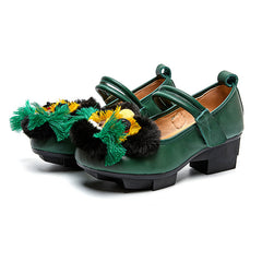 Socofy Retro Ethnic Top Grain Cowhide Chunky Heel Shoes