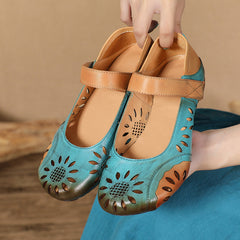 Socofy Retro National Style Handmade Leather Hollow Flats