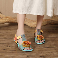 Socofy Vintage Handmade Leather Floral Cutout Peep Toe Low Heel Sandals