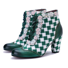 Socofy Retro Grace Handwoven Leather High Heel Boots