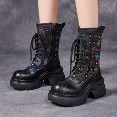 Socofy Full Grain Leather Retro Floral Thick Sole Short Boots