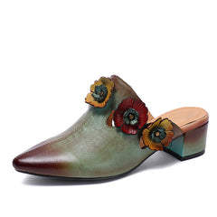 Socofy Retro Design Handcrafted Leather Low Heel Open Toe Slipper